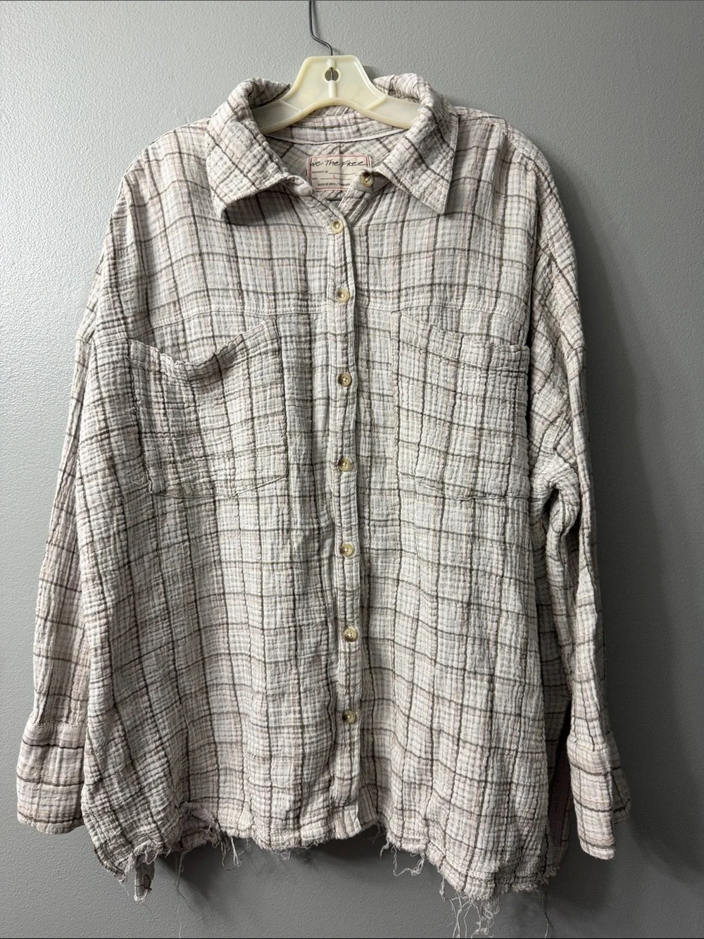 Free People "We The Free" Cardiff Plaid Tunic plaid gauze button down Top Large - Picture 6 of 9